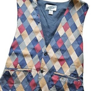 Vintage Joie de Vivre Silk Vest‎ L Argyle Diamond Pattern Multicolor Retro...